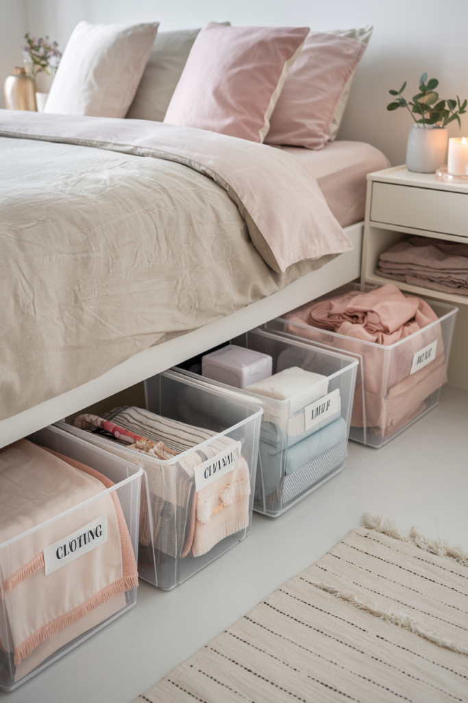 Clear storage bins neatly arranged under a bed, storing seasonal clothing and linens in a minimalist bedroom setting.