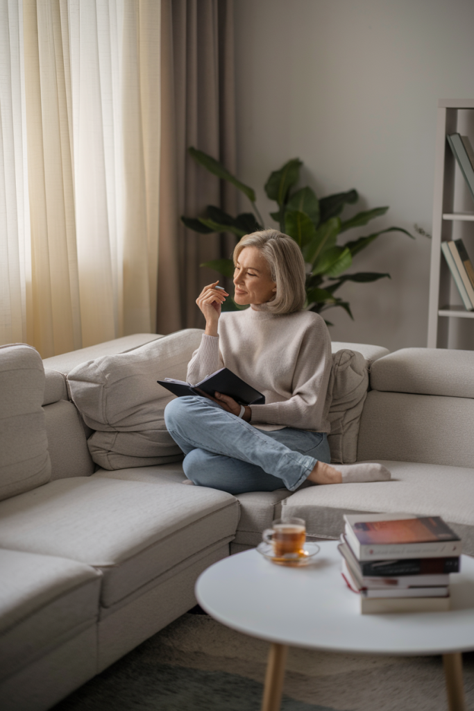 woman over 40 on couch reflecting on healthy habits