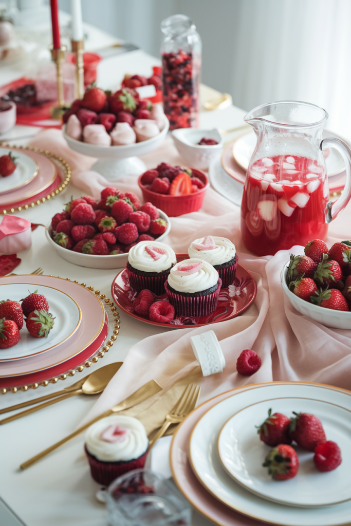 Red, pink, and white-themed foods for a Valentine's Day party.