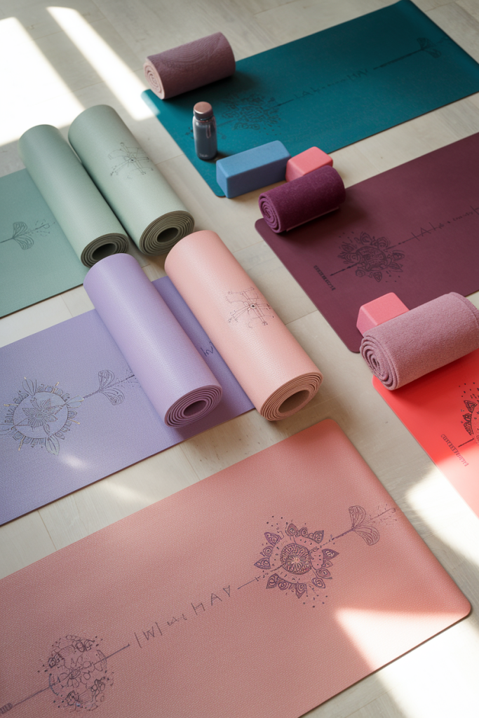 Various yoga mats in different materials, illustrating the comfort and stability they bring to home workouts