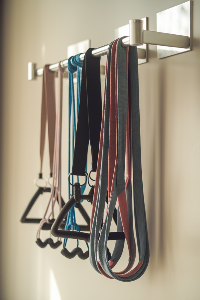  A variety of resistance bands hanging on a wall rack in a bright, soft-toned space, showcasing their versatility.