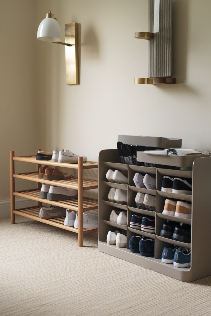  Shoe organizer with multiple compartments in an entryway, offering stylish and accessible storage for various footwear.