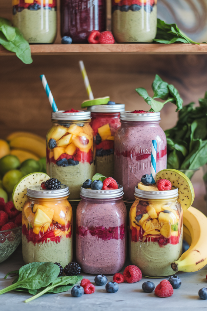 Assorted colorful smoothies in jars with fresh fruits and greens