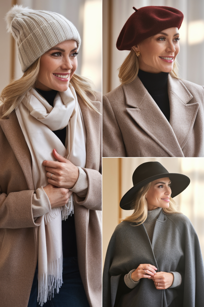 A woman in her 40s modeling a beanie, beret, and wide-brim hat, showcasing cozy, chic, and elegant winter hat styles.