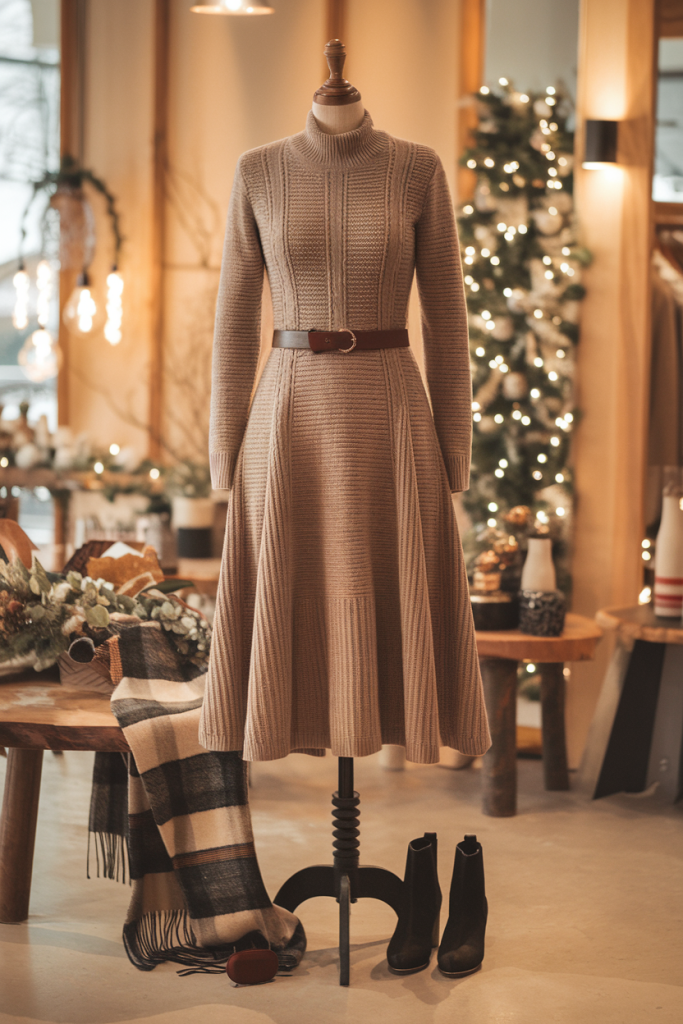 A thick knit A-line winter dress styled with black tights, ankle boots, and accessories, displayed in a cozy boutique setting.