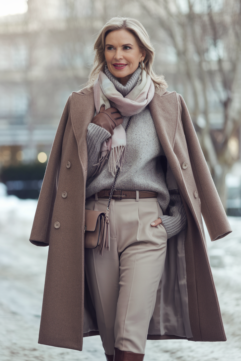 A selection of winter fashion items including a wool coat, knit sweaters, and boots, styled elegantly for women over 40.