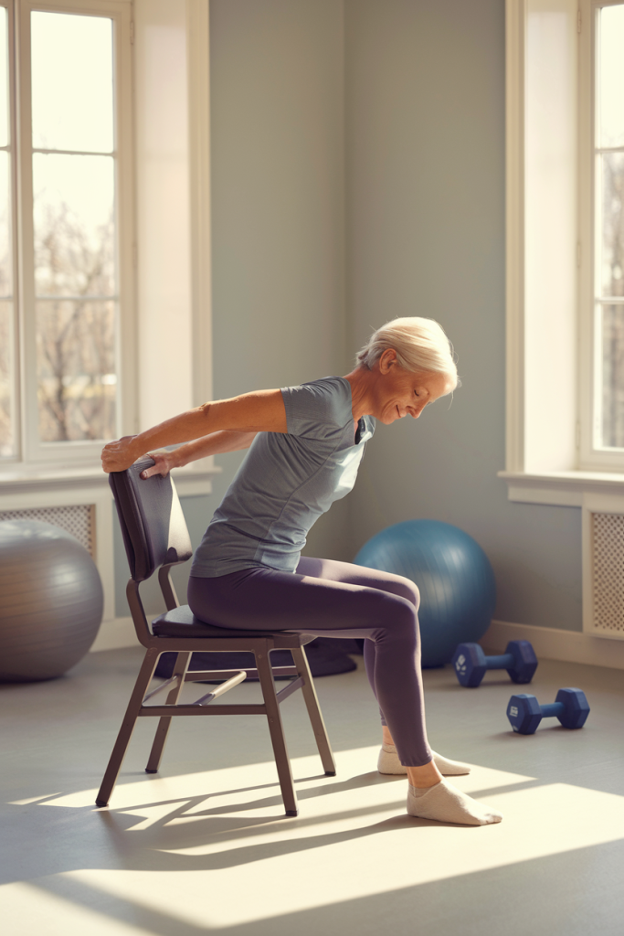 A woman in her 50s doing chair stretches in a bright and organized home gym, with sunlight streaming through large windows