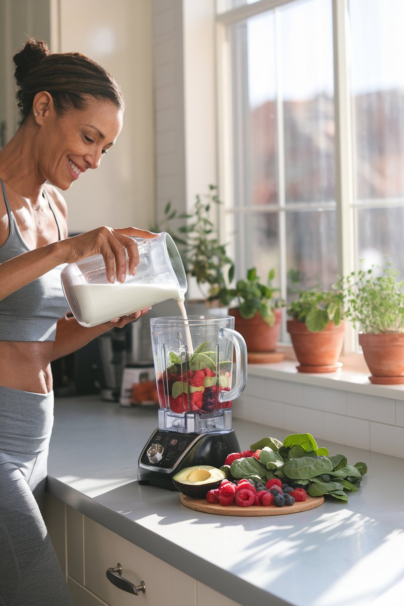 A woman in her 40s making a healthy smoothie in a bright kitchen, surrounded by fresh ingredients and natural sunlight