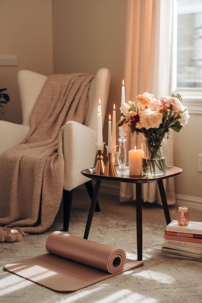 A space with candles, a meditation mat, and fresh flowers, creating a serene and welcoming self-care setup