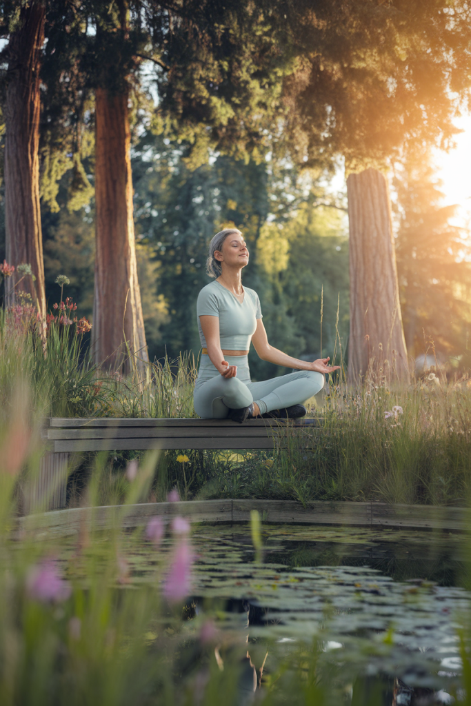 A woman sitting peacefully in a park, eyes closed and surrounded by nature, symbolizing tranquility and self-care