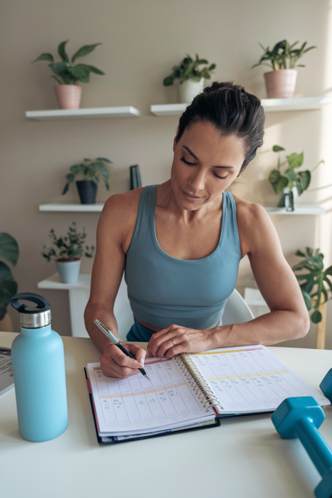 A woman in her 40s writing her workout schedule in a colorful planner, surrounded by fitness items in a cozy home setting.