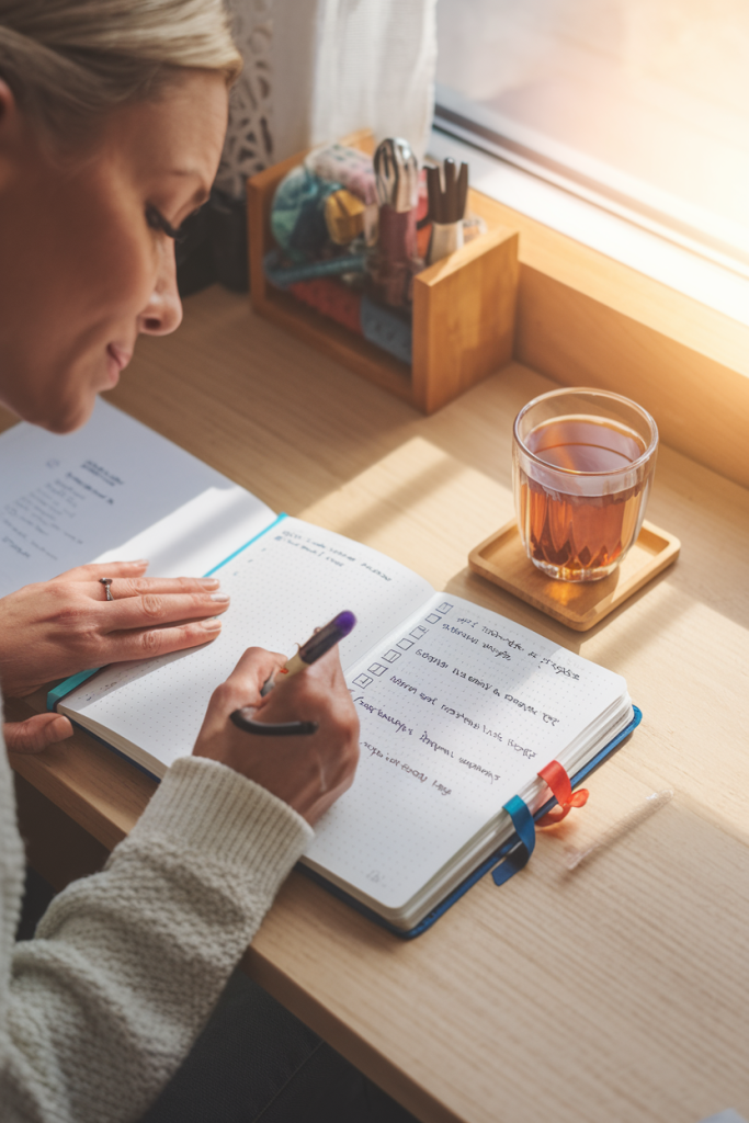 A woman writing in her bullet journal with colorful pens, surrounded by self-care essentials, creating a motivating and serene setup