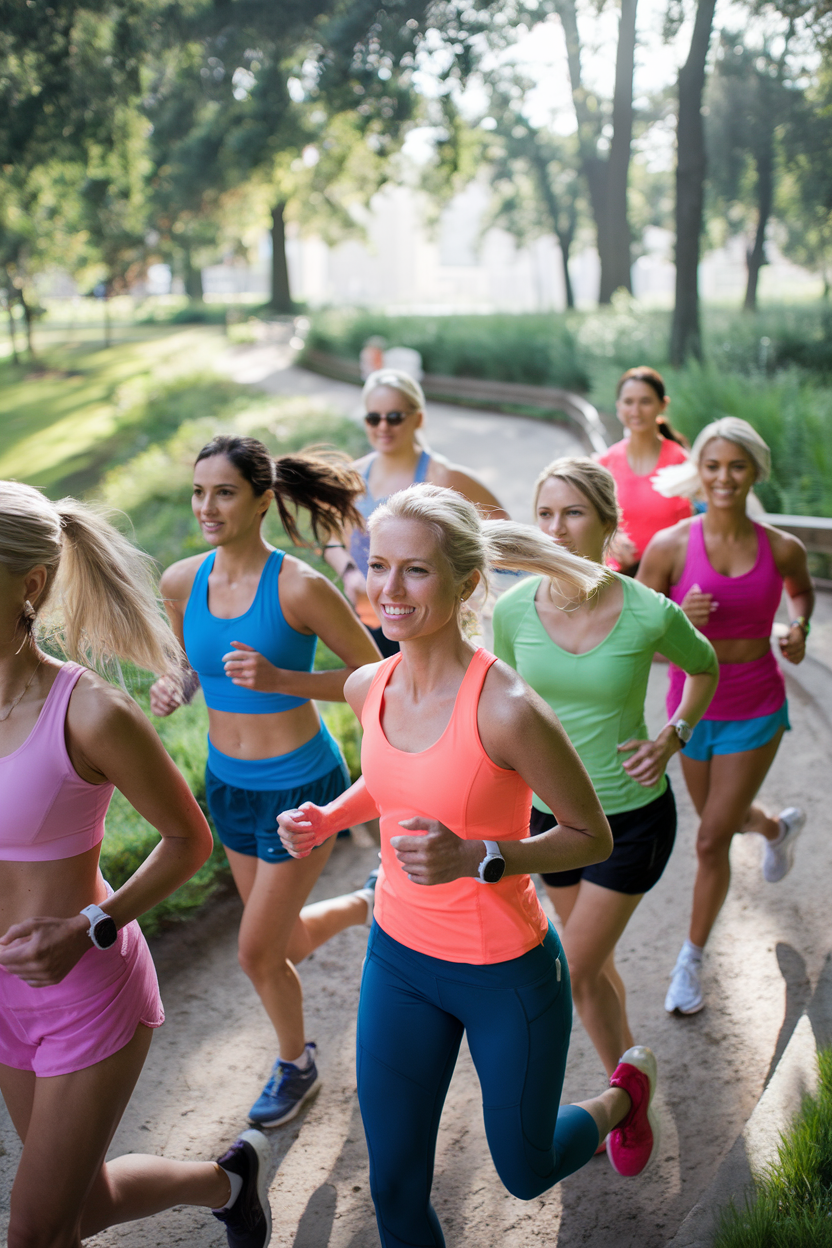 A group of women in their 30s and 40s running together in a scenic park, showcasing camaraderie and fitness.