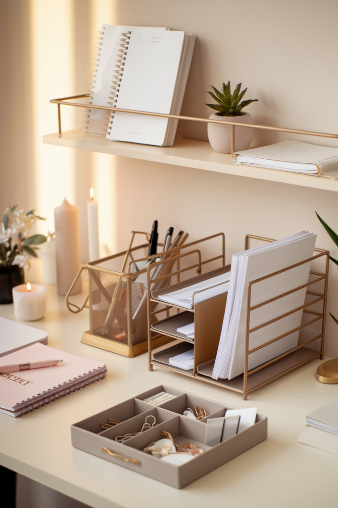 A stylish women’s desk with organizers for files, stationery, and personal touches, promoting an organized and inspiring workspace.