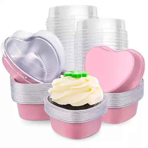 yeload 60 Pcs Heart Shaped Cake Pans with Lids, Aluminum Mini Cake Pans, 3.4 Oz/ 100ml Foil Disposable Flan Pan Cupcake Tins Baking Pan for Valentine's Mother's Day Party (Pink, 60)