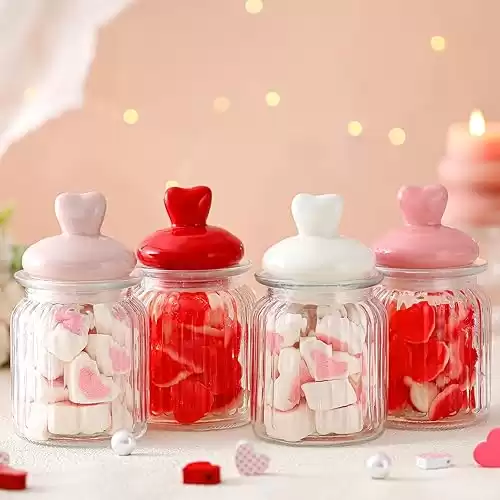 4 Pcs Valentine's Glass Cookie Jar with Heart Shaped Lid Cute Candy Jar Cute Storage Containers Clear Decorative Food Storage Canister with Airtight Ceramic Lid(Pink,Red,Rose,White)