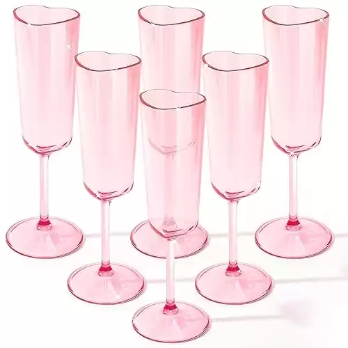 6 Pack Valentine's Day Heart Shaped Champagne Flutes Pink Acrylic Champagne Flutes Martini Glasses Cocktail Toasting Glasses Wine Cups for Wedding Anniversary Galentine's Birthday(Retro)