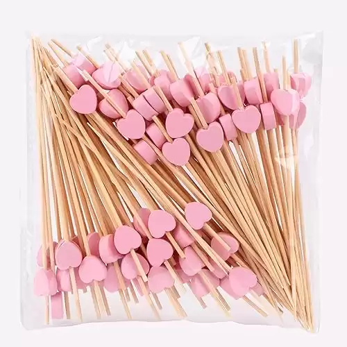 JtmyAota 100 Pack Fruit Toothpicks, Heart-Shaped Bamboo Cocktail Picks, Natural Bamboo Toothpicks for Appetizers Fruit Cake Dessert Barbecue Snacks Sandwiches (Pink)