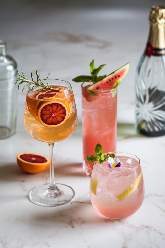 A sparkling lineup of vibrant drinks featuring rose lemonade, blood orange spritz, and watermelon fizz, each garnished with mint or citrus, set against a pastel-colored backdrop.