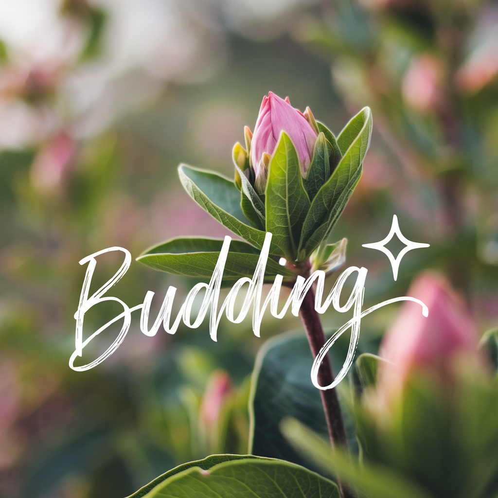 A close-up of a budding flower with fresh green leaves and soft petals, symbolizing the beginning of a journey into healthy habits. The word 'Budding' is written in elegant script with small star embellishments, representing new beginnings and growth.