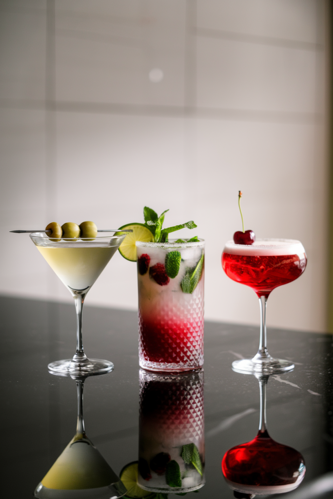 A chic display of sparkling Valentine's cocktails, featuring a dirty martini with olives, a raspberry mojito with muddled mint, and a cherry bomb fizz with a lime garnish