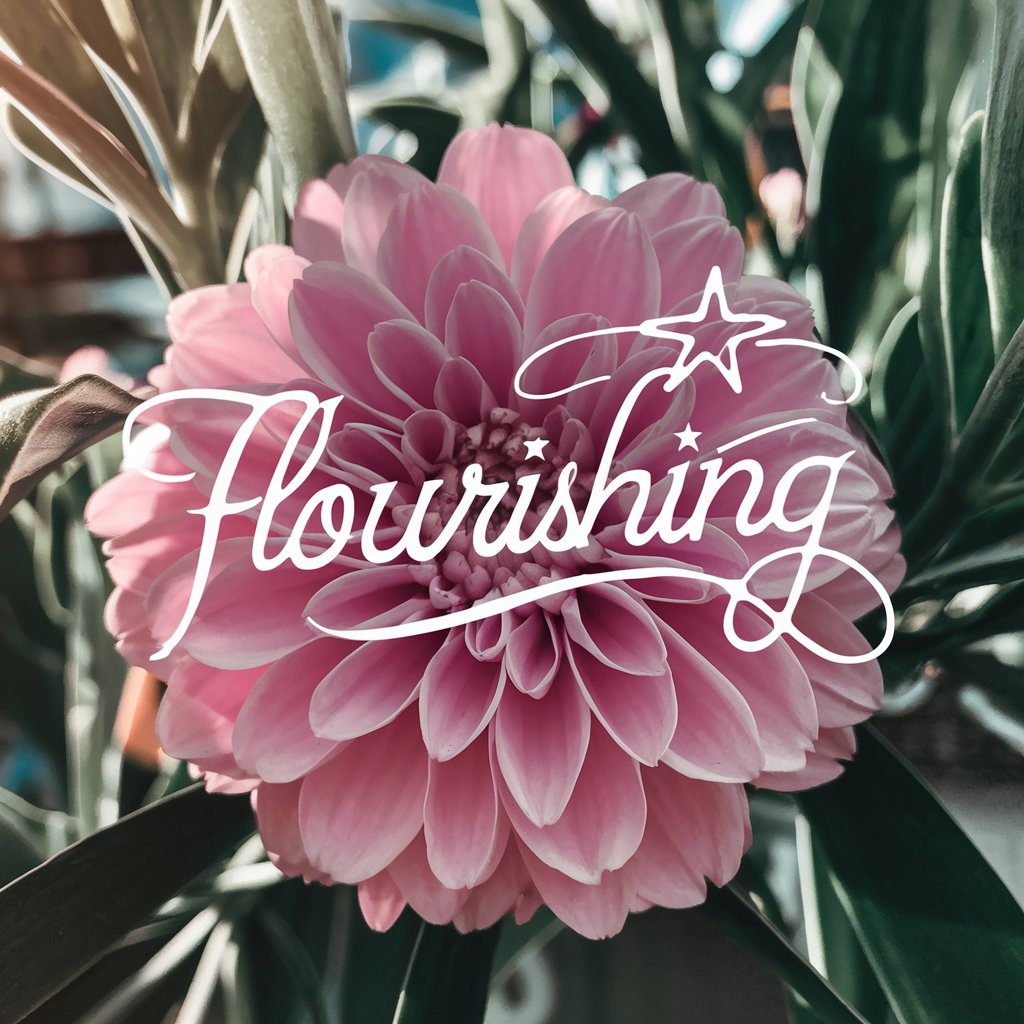 A close-up of a fully bloomed, vibrant flower surrounded by lush green leaves and colorful petals, symbolizing thriving and stepping into full potential. The word 'Flourishing' is elegantly written in script above the flower, with small star embellishments enhancing the design.