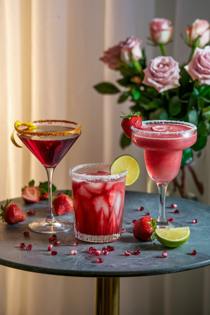 A trio of vibrant, red-hued Valentine's Day cocktails served in elegant glassware, garnished with fresh strawberries and pomegranate seeds, on a romantic tabletop setup.