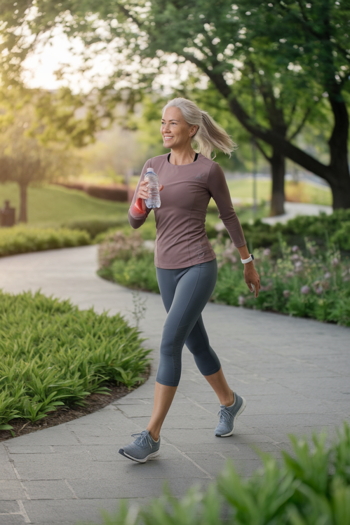 A woman in her 40s briskly walking in a scenic park, showcasing an active lifestyle and the balance of diet and exercise.