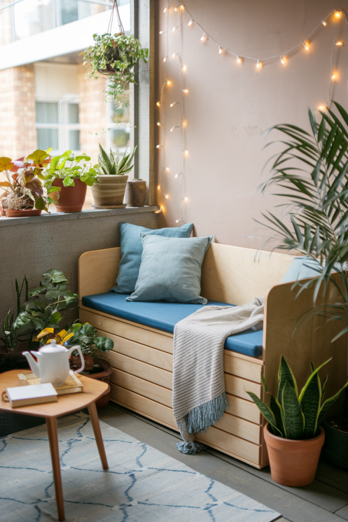 A small balcony featuring a wooden bench with built-in storage, adorned with cushions, surrounded by plants, and illuminated by fairy lights