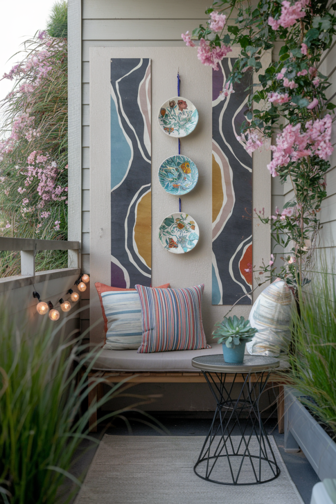 A small balcony with vibrant outdoor wall art, a cozy wooden bench, potted plants, and string lights creating a stylish and inviting atmosphere