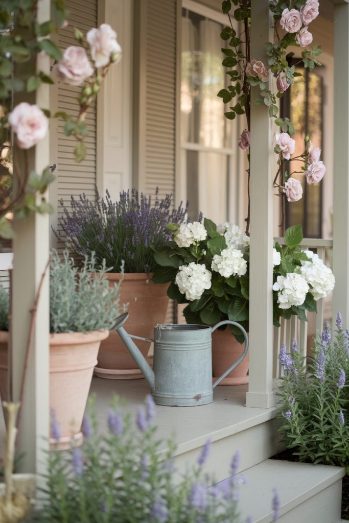 Serene garden porch scene with potted lavender, hydrangeas, and climbing roses in soft pastel tones