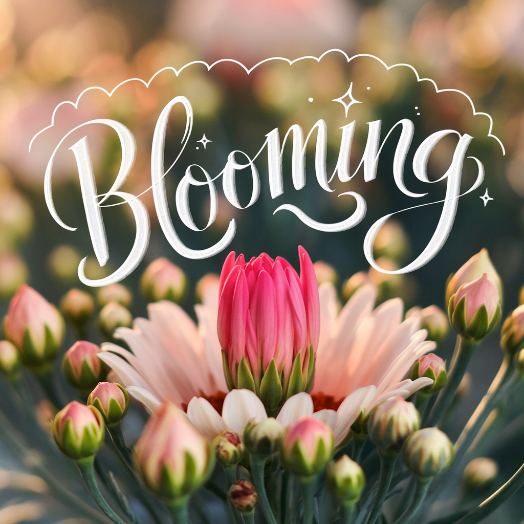 A close-up of a partially opened flower surrounded by vibrant petals and fresh green leaves, symbolizing growth and confidence. The word 'Blooming' is elegantly displayed in script above the flower, complemented by small star embellishments