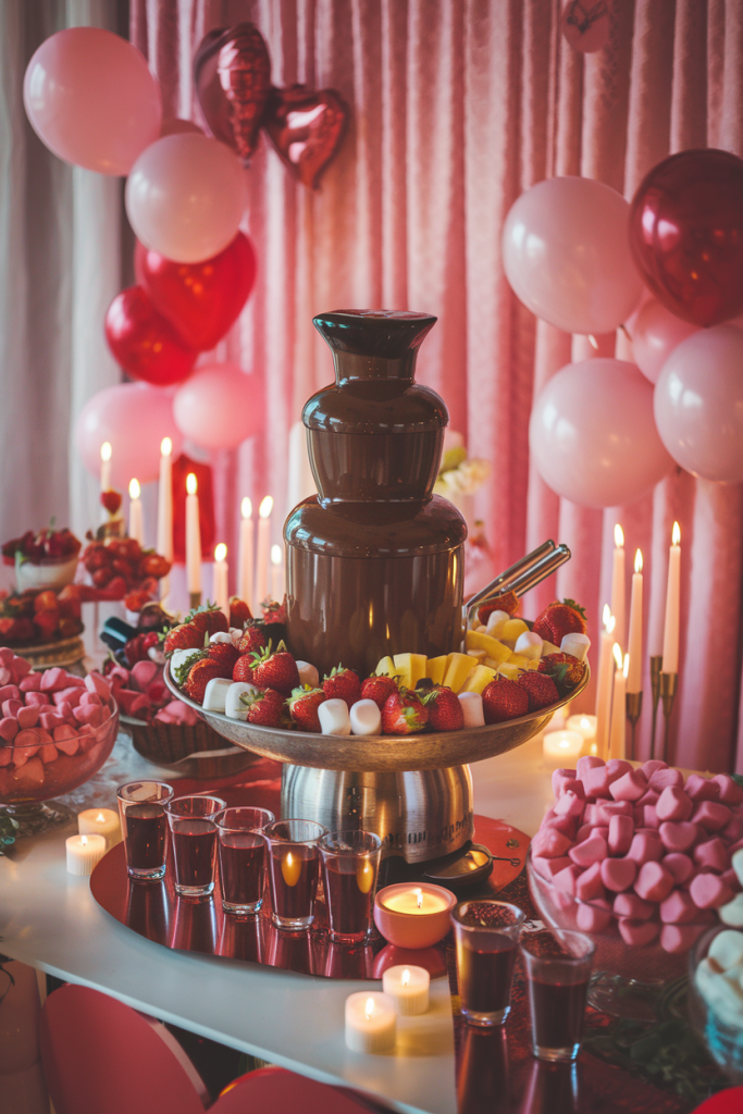 A chocolate fountain surrounded by an assortment of dipping treats like fruits and marshmallows.