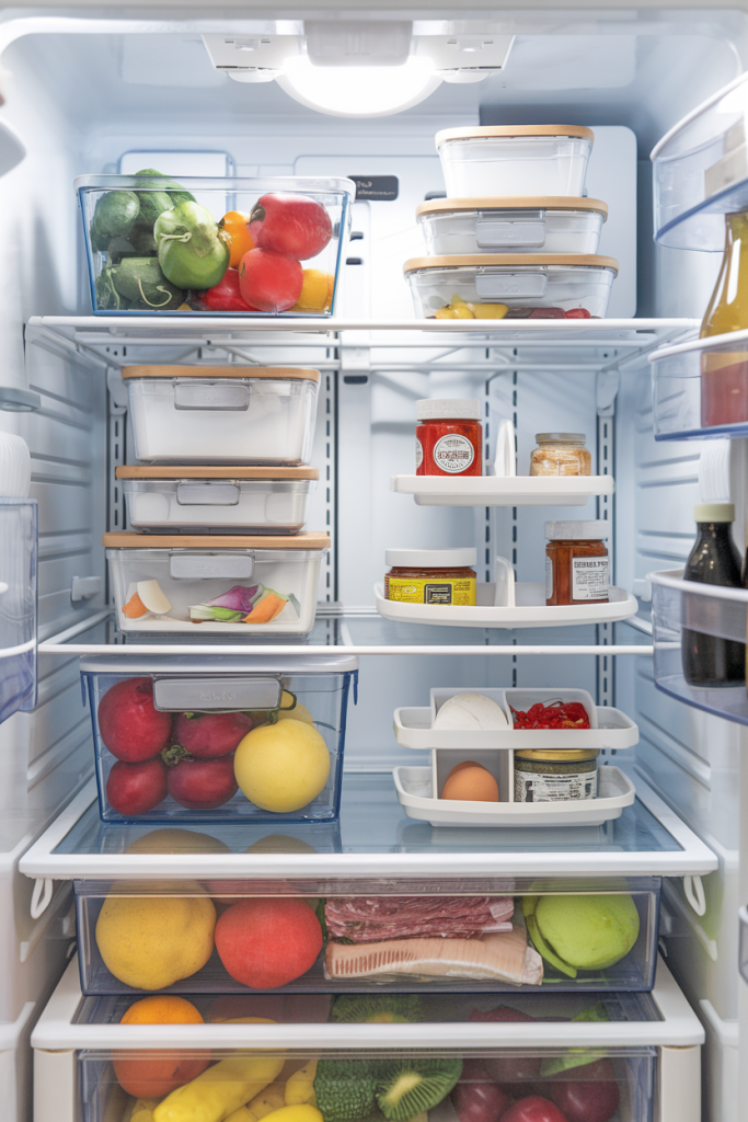 Close-up of fridge shelves with clear bins, stackable containers, and a tiered organizer, showcasing a clean and efficient storage setup.