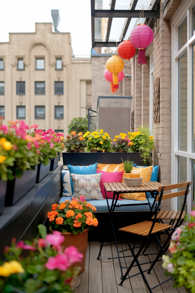 Eye-catching lanterns and colorful throw pillows and decor items, adding a fresh, seasonal touch to a balcony with vibrant hues