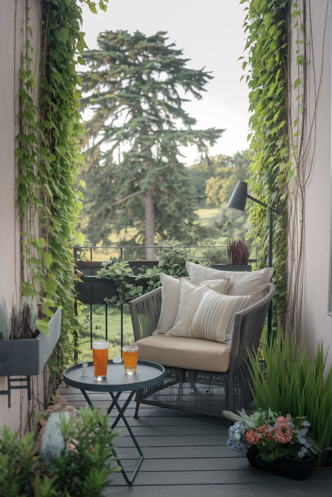 A cozy corner with a comfy chair, soft pillows, and a small table on a balcony.