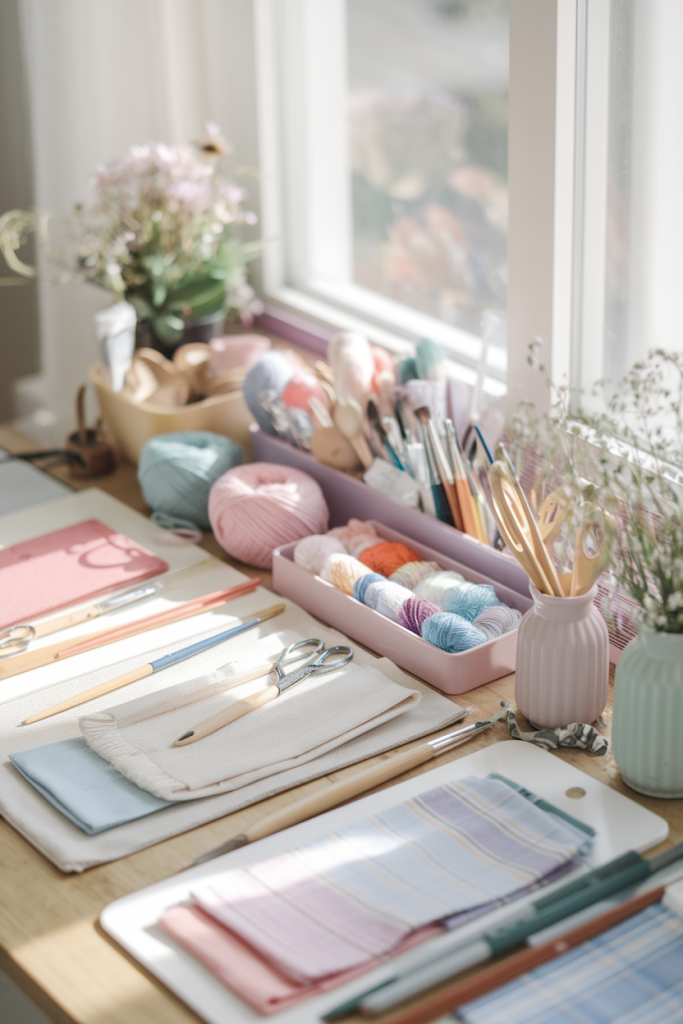 A pastel-themed craft table with yarn, paintbrushes, and handmade crafts lit by natural sunlight.