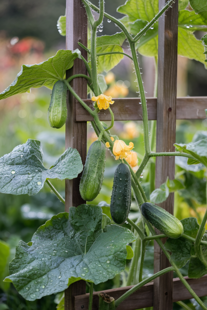 A close-up of a cucumber vine with yellow flowers and ripening cucumbers on a wooden trellis in a lush garden