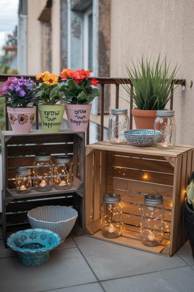 A variety of DIY projects, including hand-painted plant pots and handmade lanterns using mason jars and fairy lights, enhancing a personalized balcony vibe