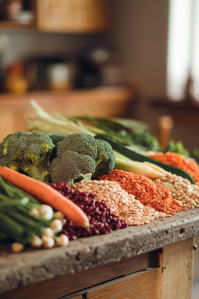 High-fiber foods like broccoli, lentils, and barley, displayed to highlight their role in digestion and health.