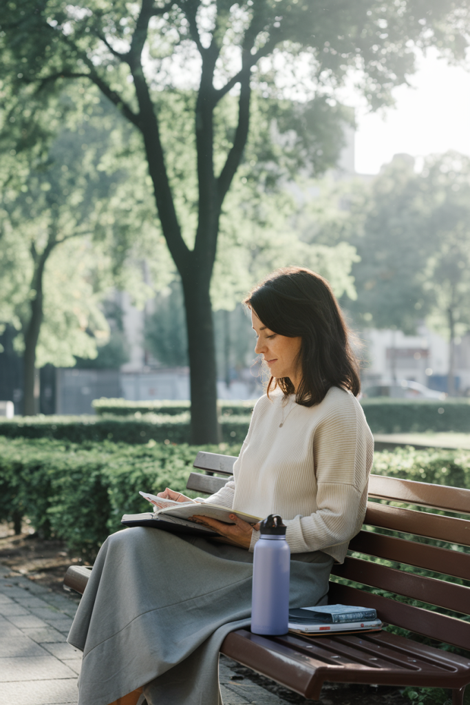 A woman sitting peacefully on a park bench with a journal, surrounded by sunlight and nature, symbolizing balance and self-care