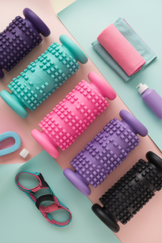 A colorful flat lay of foam rollers and workout accessories for a fun recovery-themed fitness image