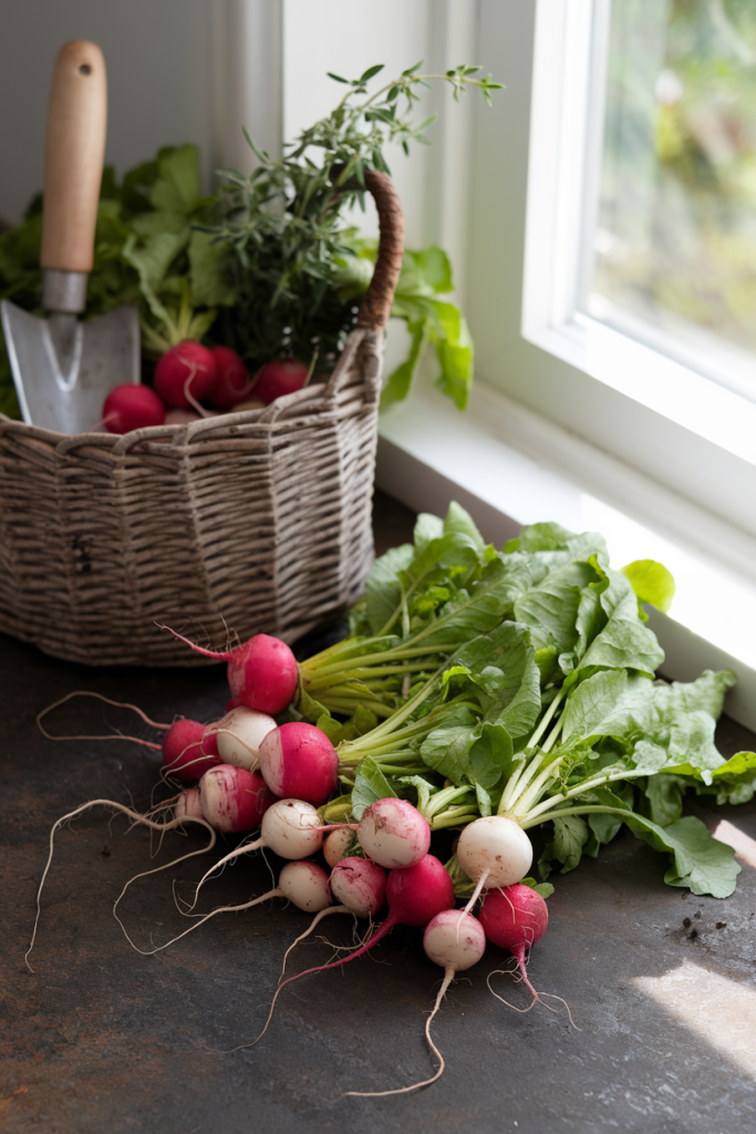 Freshly picked radishes with leaves and soil, arranged on a rustic kitchen counter, highlighting their garden-fresh appeal