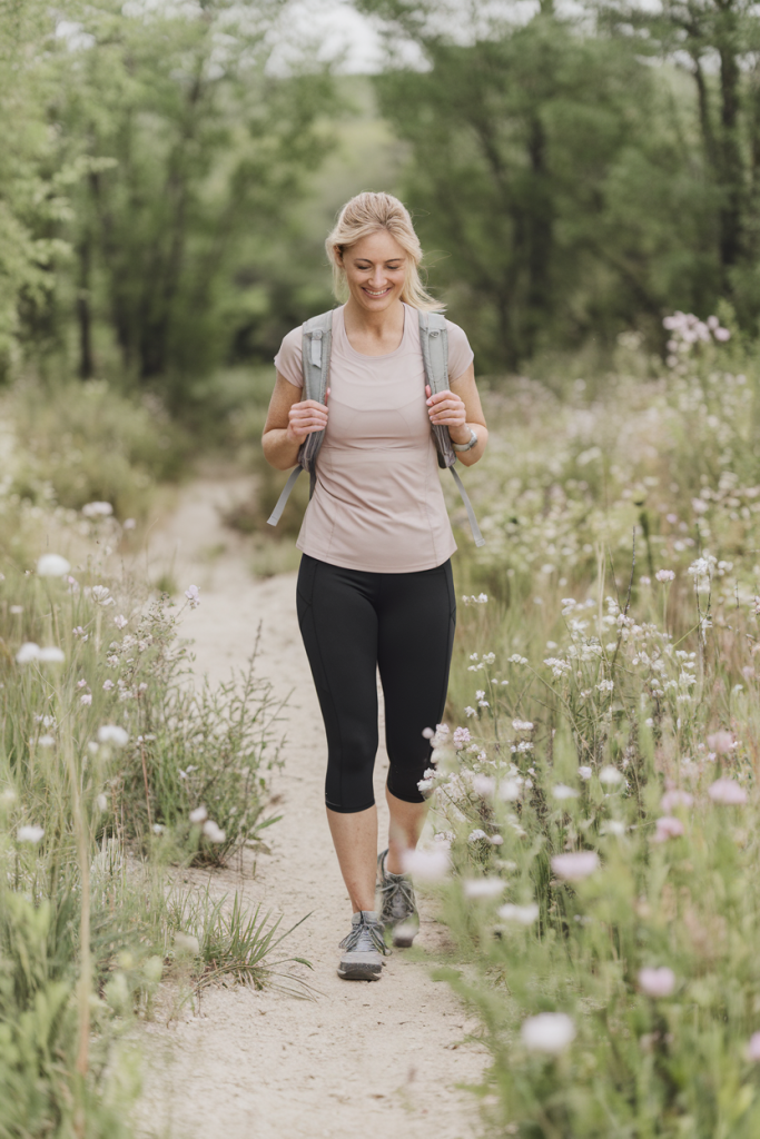 A woman hiking a trail surrounded by pastel wildflowers and greenery