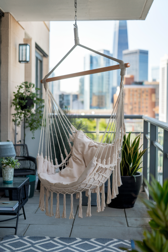 A cozy, hanging hammock chair for a relaxing balcony retreat