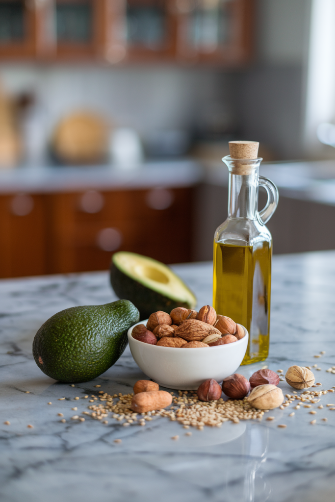 Avocado, mixed nuts, and olive oil on a marble counter, portraying the advantages of incorporating healthy fats.