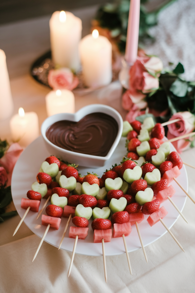 Skewers of heart-shaped fruits, including strawberries and watermelon, arranged elegantly with a bowl of melted chocolate for dipping. The display is accented with blush pink and red tones, scattered rose petals, and candlelight for a romantic Valentine’s Day presentation.