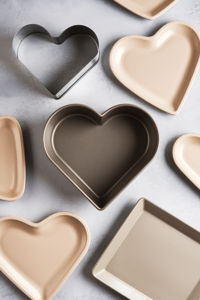 heart-shaped cookie cutter, cake pan and plates for Valentines Day food prep. 