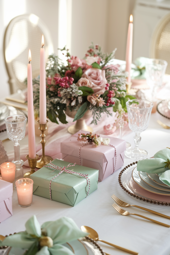 A pastel holiday table with decorative candles, wrapped gifts, and a seasonal flower centerpiece.