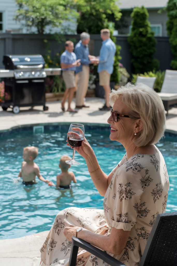 A grandmother in her backyard enjoying having her family over for a bbq and watching the grandkids play in the pool. 